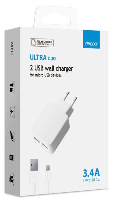 Сетевое зарядное устройство Deppa Ultra, 2xUSB, 3,4 A, (DEP-11510) white