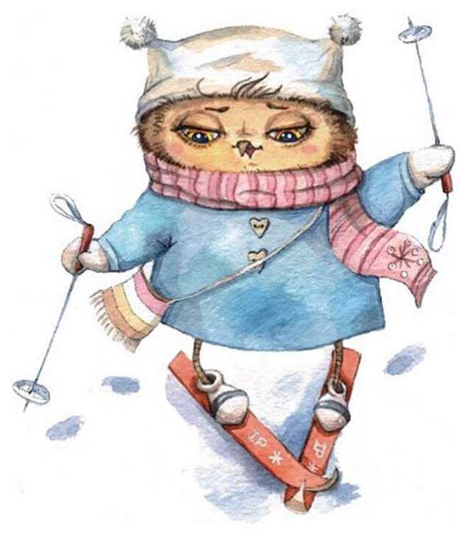 Звери на коньках. Сова на лыжах. Сова на сноуборде рисунок. Сова лыжный. Новогодняя сова.