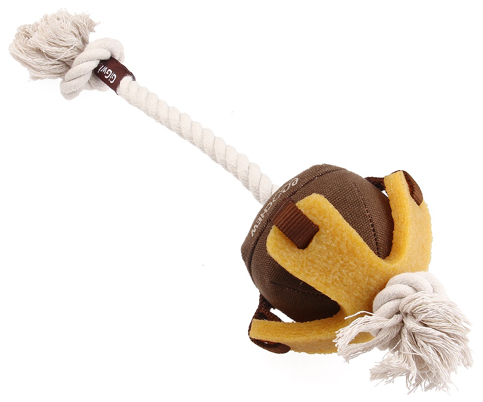 Апорт для собак GiGwi Мяч на веревке, белый, коричневый, длина 6 см
