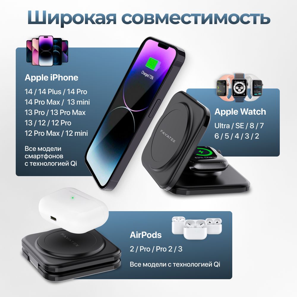 Магнитная беспроводная зарядка складная 2 в 1 для iPhone, AirPods, Apple  Watch, купить в Москве, цены в интернет-магазинах на Мегамаркет