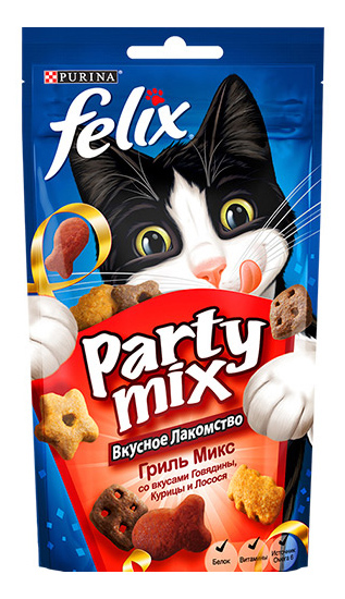 Лакомство для кошек Felix Party mix Гриль Микс фигурки, говядина, курица, лосось, 60 г