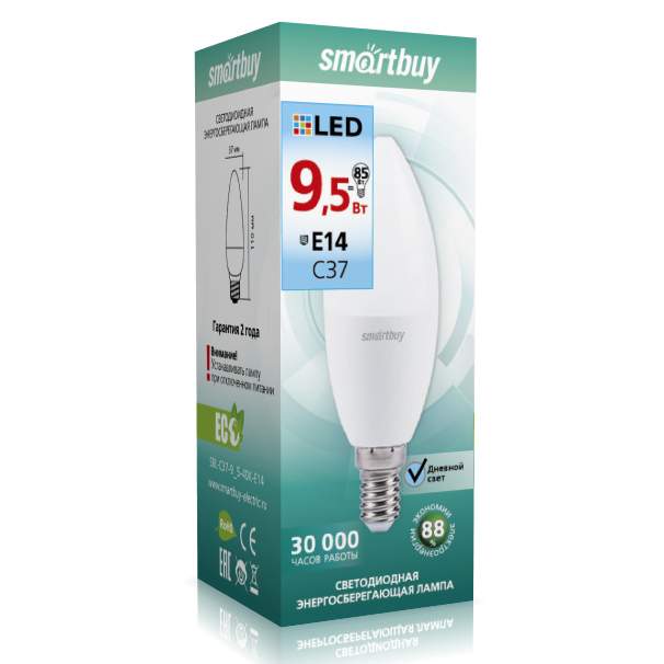 Лампа светодиодная Свеча Smartbuy 9,5W Е14 4000K