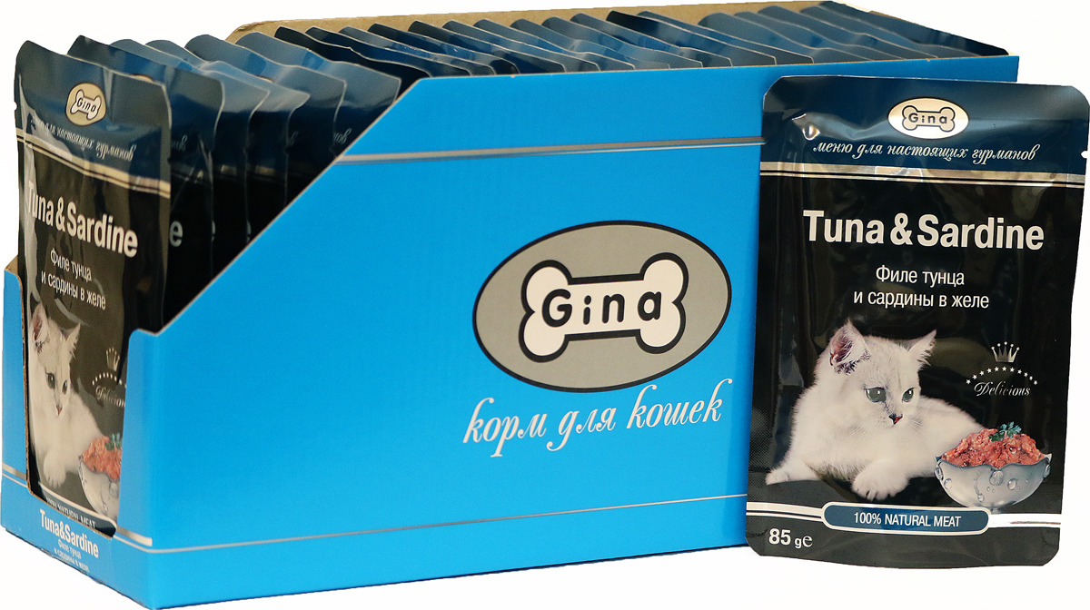 Влажный корм для кошек GINA Tuna&Squid, филе тунца и кальмары в желе, 24 шт по 85г