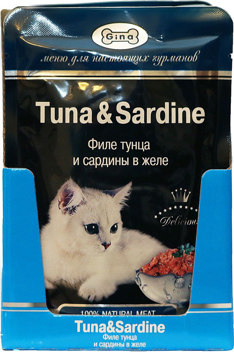Влажный корм для кошек GINA Tuna&Squid, филе тунца и кальмары в желе, 24 шт по 85г