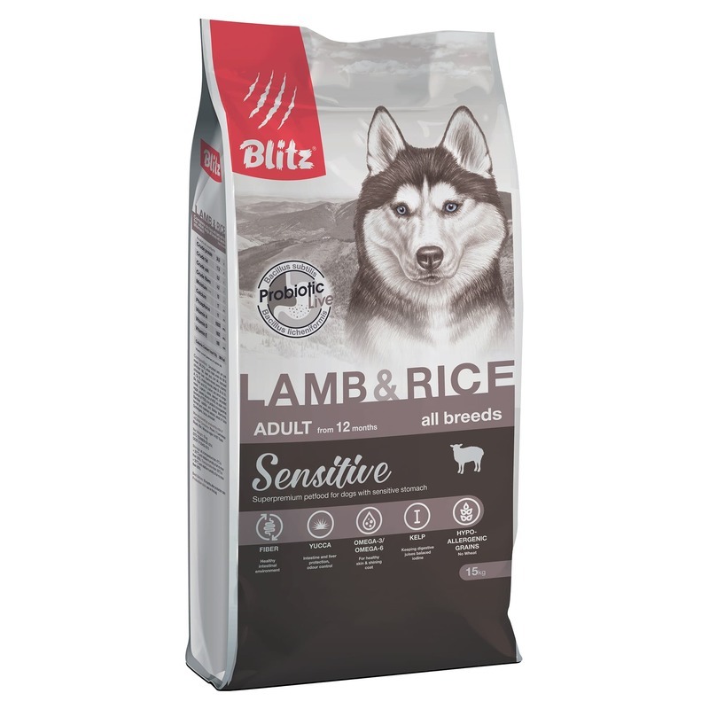 Сухой корм для собак BLITZ Adult All Breeds Sensitive, все породы, ягненок и рис, 15кг
