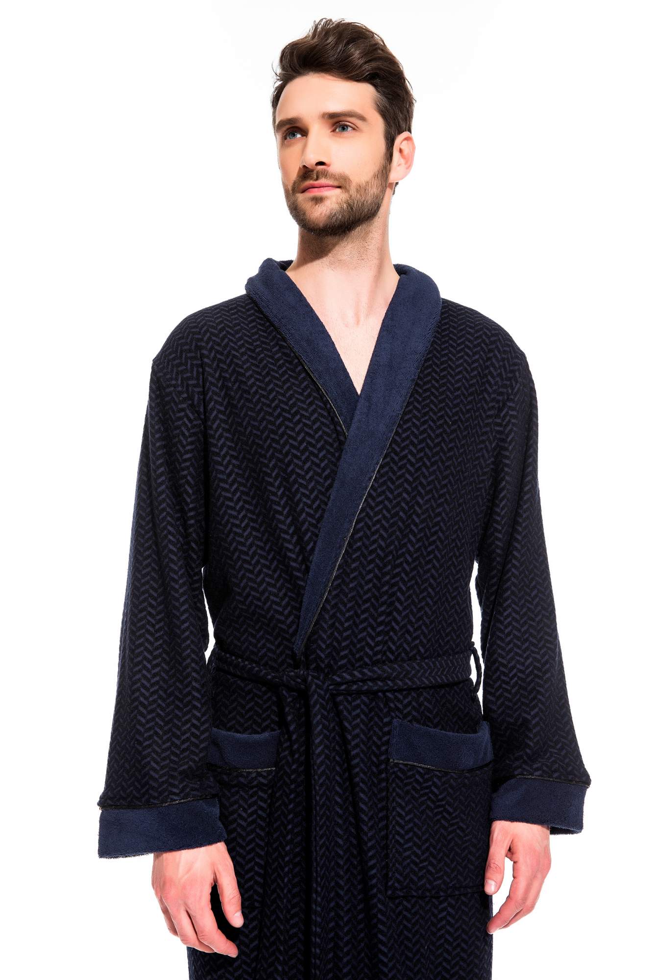 Мужской облегченный махровый халат из бамбука Peche Monnaie 419, синий, XL