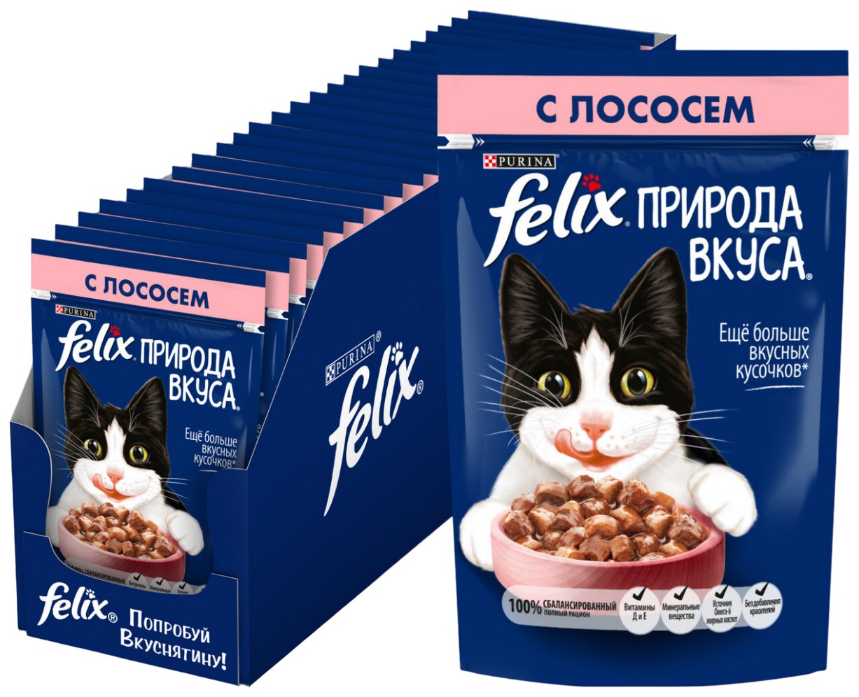 Купить влажный корм для кошек FELIX Природа вкуса, с лососем в соусе, 26 шт по 75 г, цены на Мегамаркет | Артикул: 100044112333