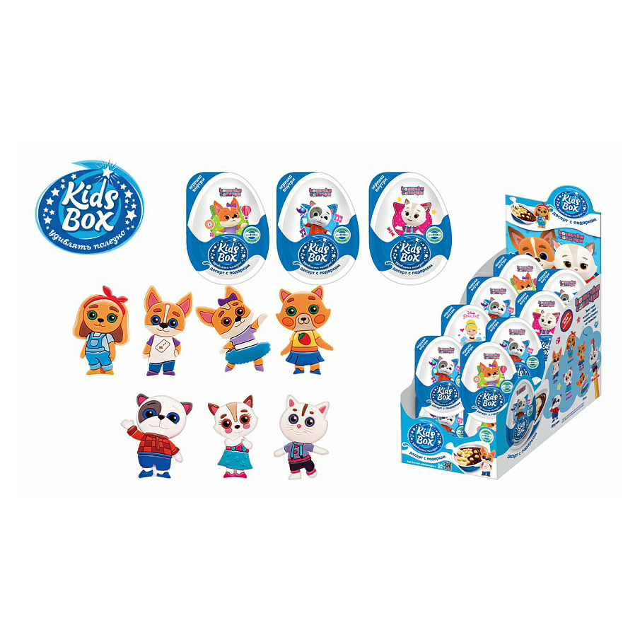 Kids box подарки. Kids Box кошечки-собачки десерт с подарком 6/16, 20г.. Kids Box десерт с игрушкой 20г. Десерт Кидсбокс кошечки-собачки с подарком, 20 г. Kids Box кошечки собачки.