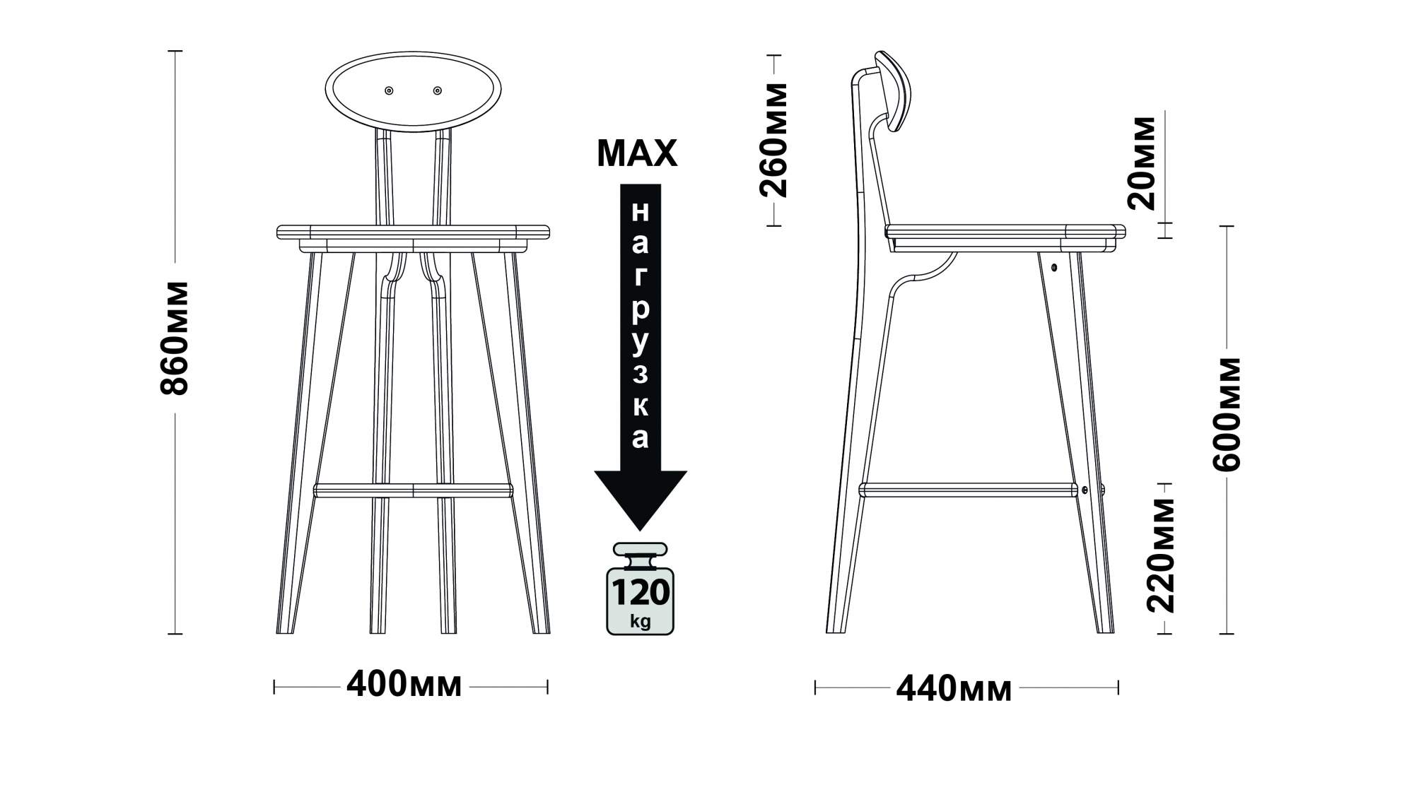 Размеры барного стула из дерева со спинкой чертежи