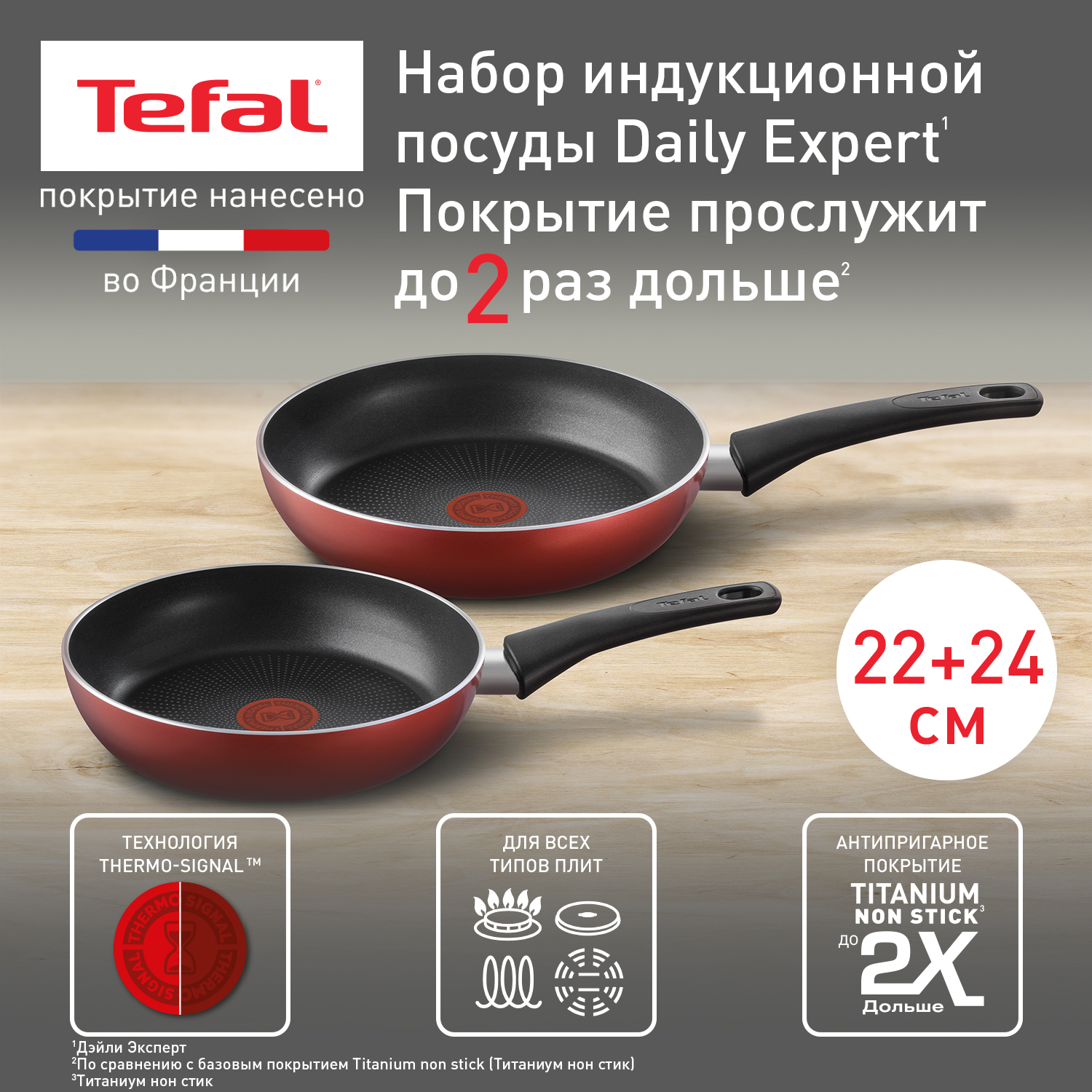 Набор сковород Tefal Daily Expert 22/24 см, с антипригарным покрытием - купить в Официальный магазин Tefal Шарапово (со склада МегаМаркет), цена на Мегамаркет