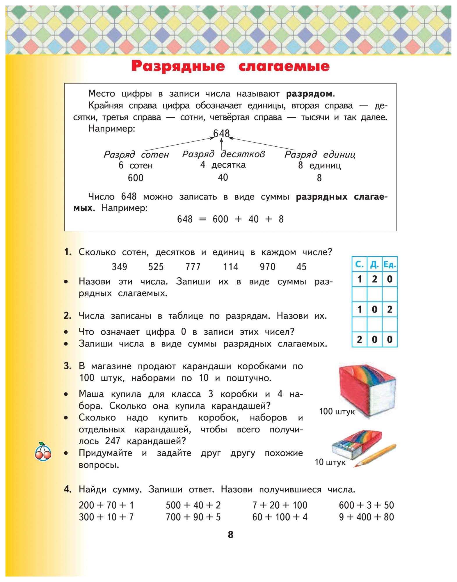 Математика 3 башмакова учебник. Сумма разрядных слагаемых 3 класс. Разряды слагаемых 4 класс. Сумма разрядных слагаемых 2 класс. Разряженные слагаемые.