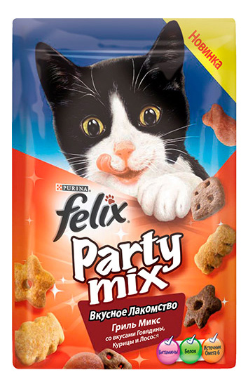 Лакомство для кошек Felix Party mix Гриль Микс фигурки, говядина, курица, лосось, 20 г