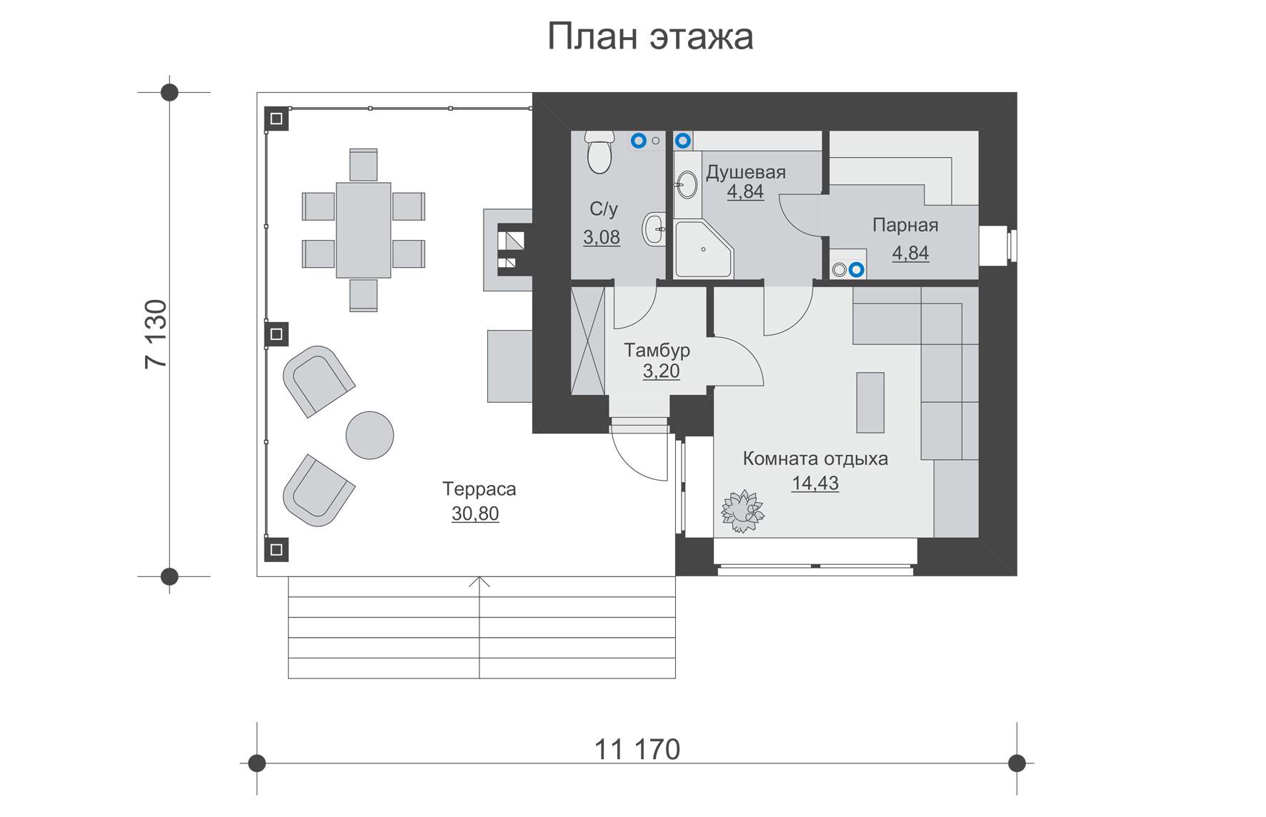 Проект бани с комнатой отдыха и террасой из газобетона