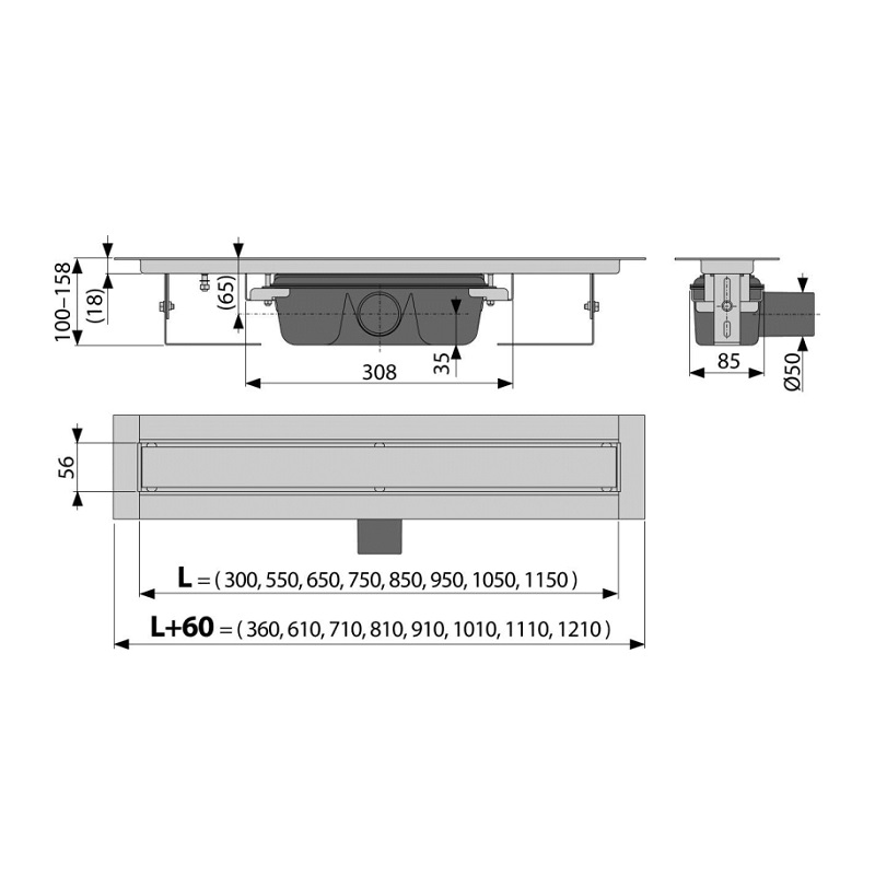 Alcadrain Водоотводящий желоб Alcadrain без порогов, с решеткой, под ...