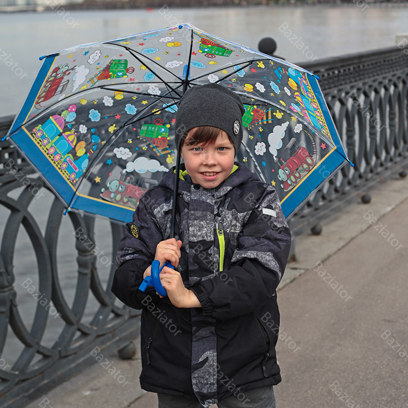 Зонт детский Diniya для мальчиков Транспорт со свистком c синей ручкой
