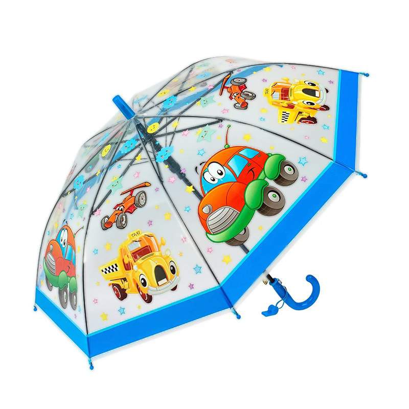 Зонт детский Diniya для мальчиков Транспорт со свистком с голубой ручкой