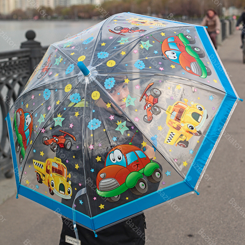 Зонт детский Diniya для мальчиков Транспорт со свистком с голубой ручкой