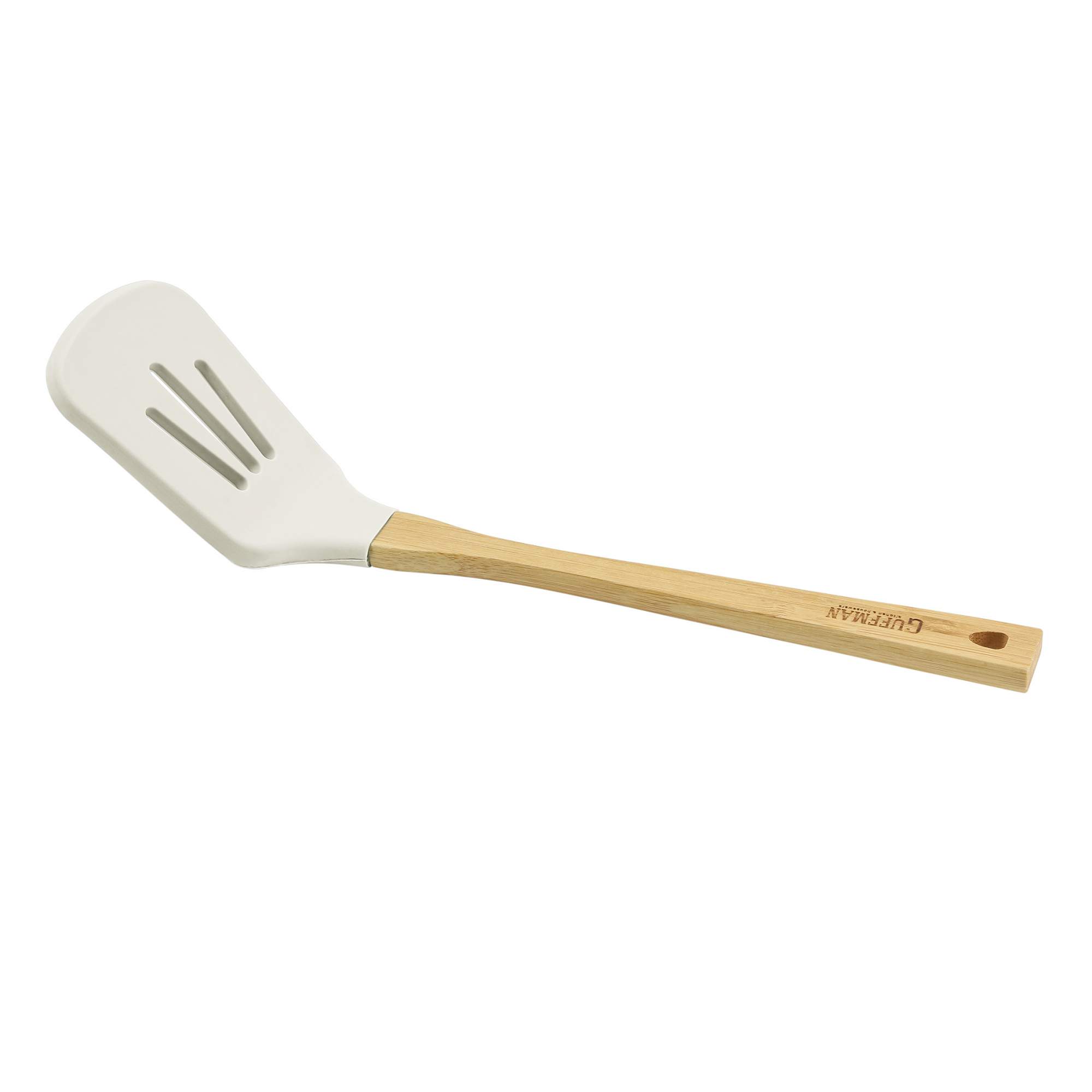 Силиконовая белая лопатка Guffman с прорезями с бамбуковой ручкой
