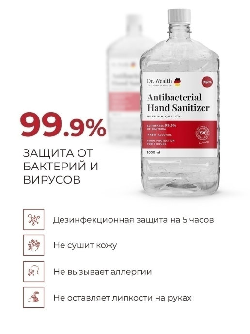 Антисептик спиртовой пробка 75%  Dr. Wealth 1л + спрей и дозатор в комплекте