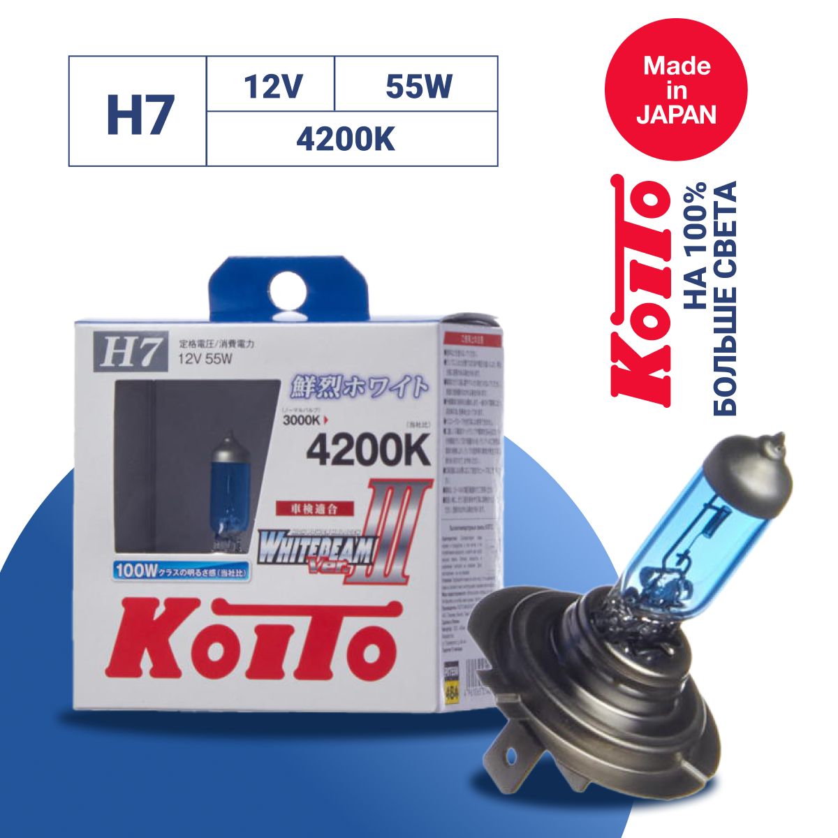 Лампа автомобильная Koito Whitebeam H7 12V 55W (100W) 4200K (комплект 2 шт.) арт. P0755W - купить в Москве, цены на Мегамаркет | 100022792689