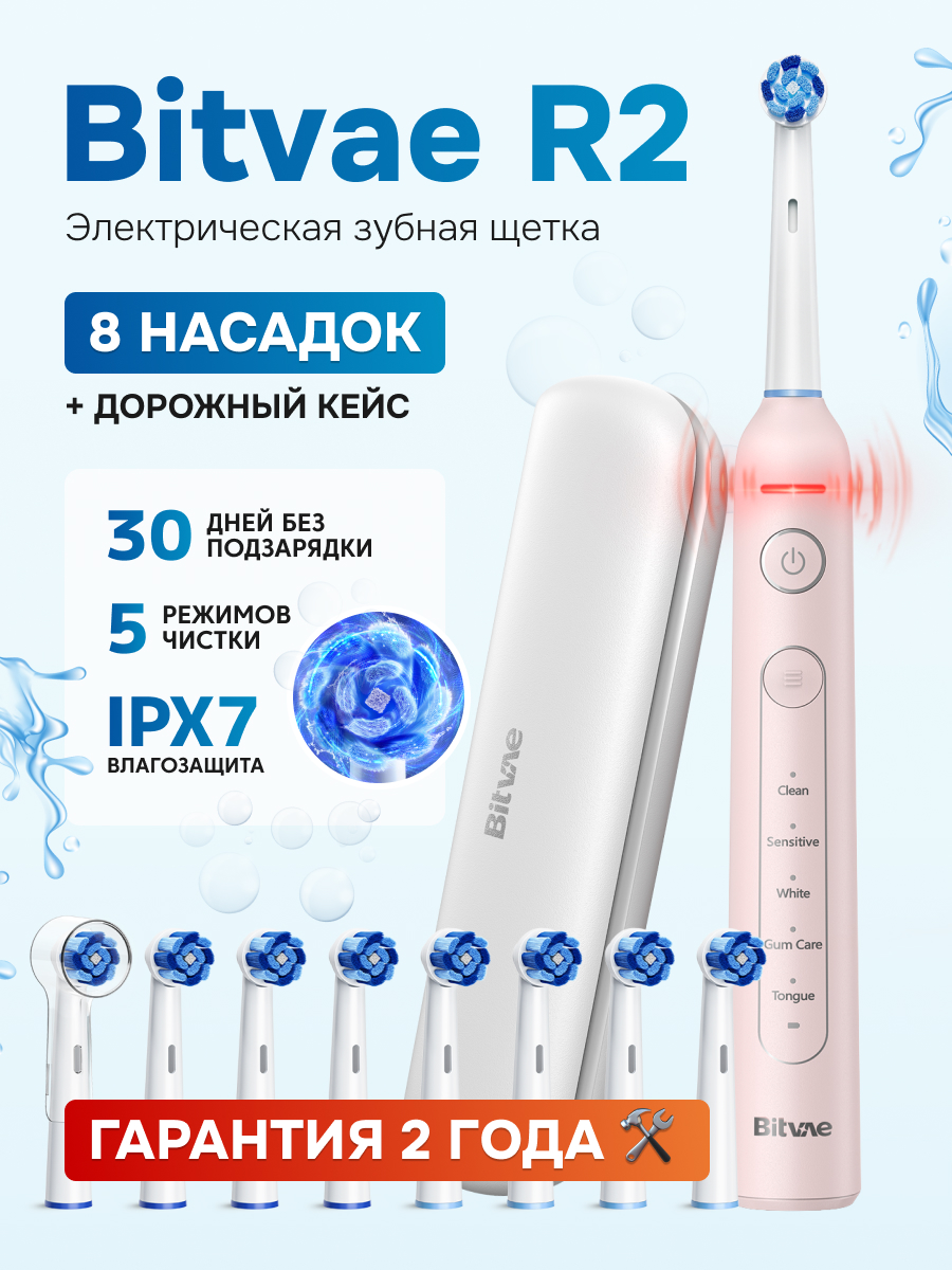 Электрическая зубная щетка Bitvae R2 розовая, купить в Москве, цены в интернет-магазинах на Мегамаркет