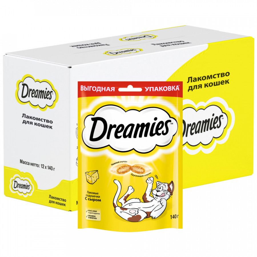 Лакомство для кошек Dreamies подушечки с сыром, 12 шт по 140 г - купить в Lubimchik, цена на Мегамаркет