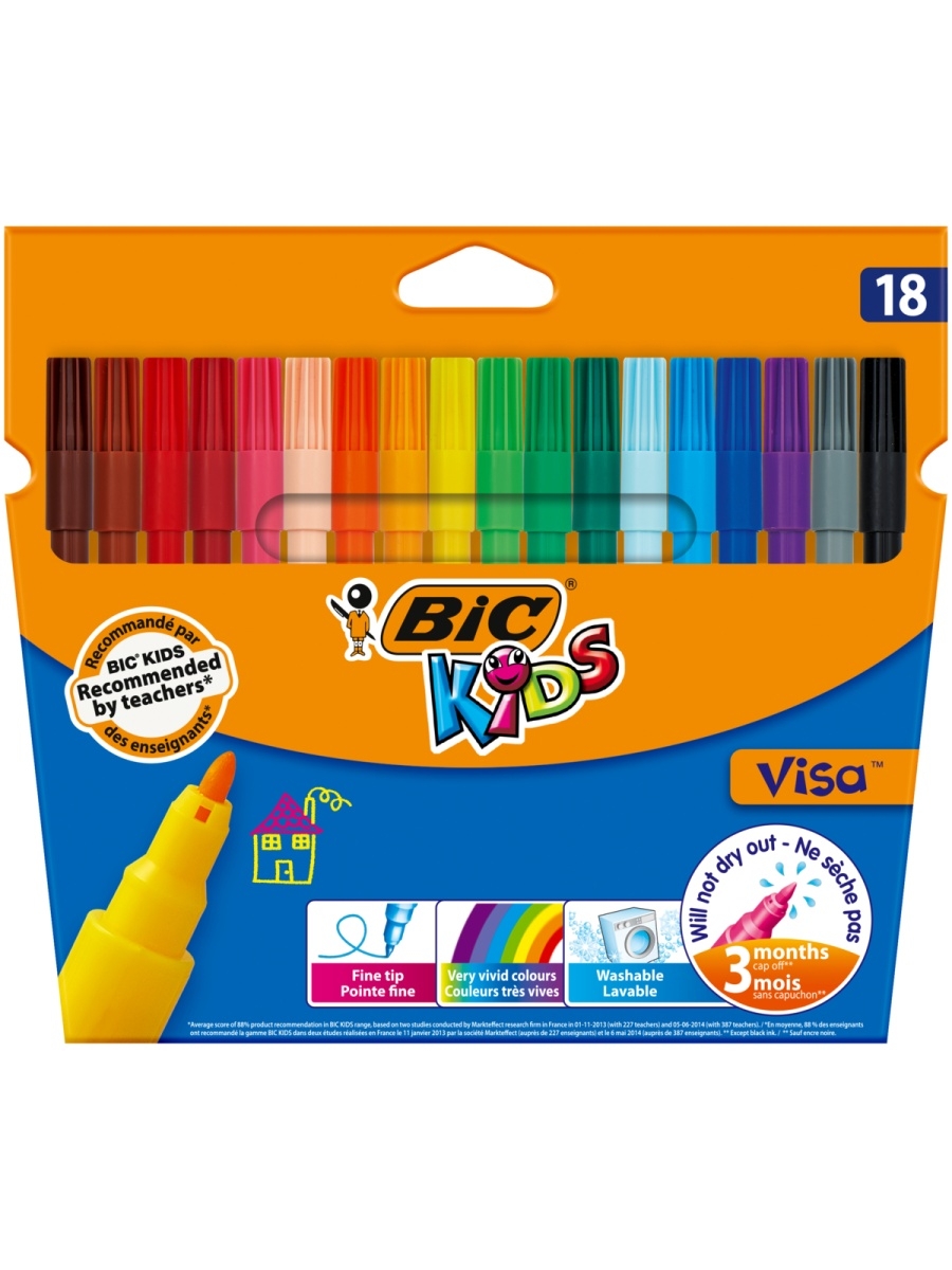 Купить фломастеры цветные BIC Kids Visa Коробка x18, цены на Мегамаркет |  Артикул: 100022958021