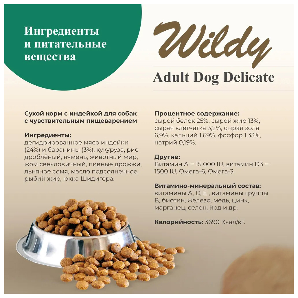 Купить сухой корм для собак Wildy Adult Dog Delicate при чувствительном  пищеварении, индейка, 1кг, цены на Мегамаркет | Артикул: 100036073855