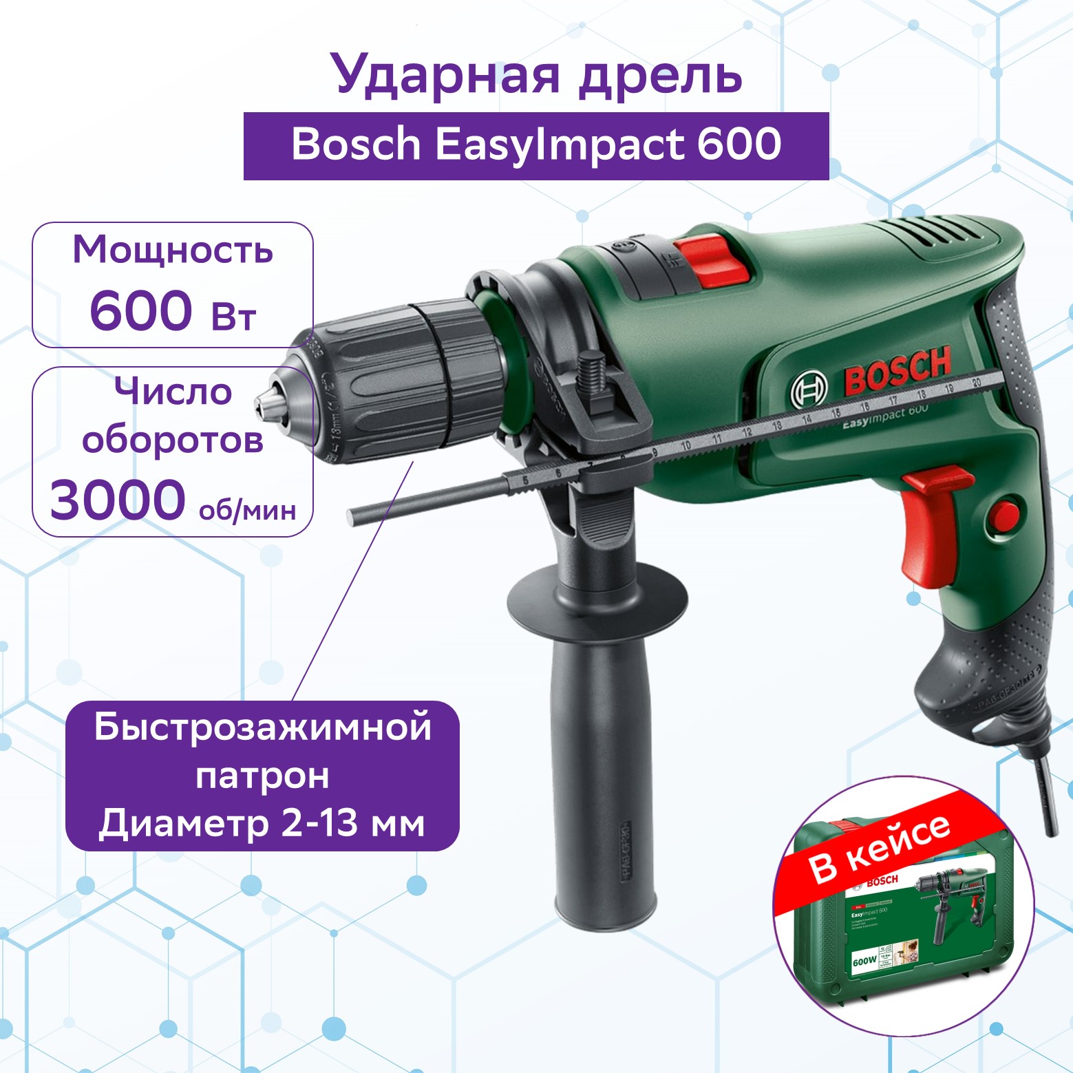 Ударная дрель Bosch EasyImpact 600 (0603133020) в кейсе - отзывы  покупателей на Мегамаркет | 600004634401