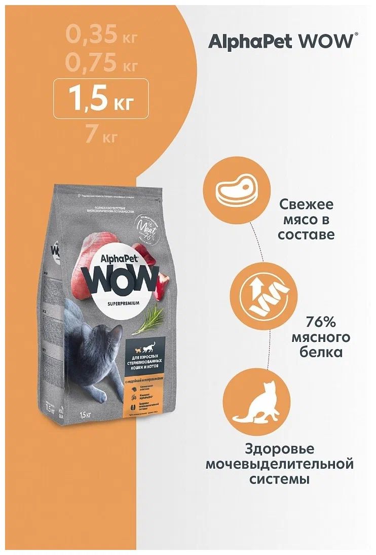 Сухой корм для кошек AlphaPet WOW ,для стерилизованных, индейка и потрошки,  1,5 кг - отзывы покупателей на маркетплейсе Мегамаркет | Артикул  товара:600006738718