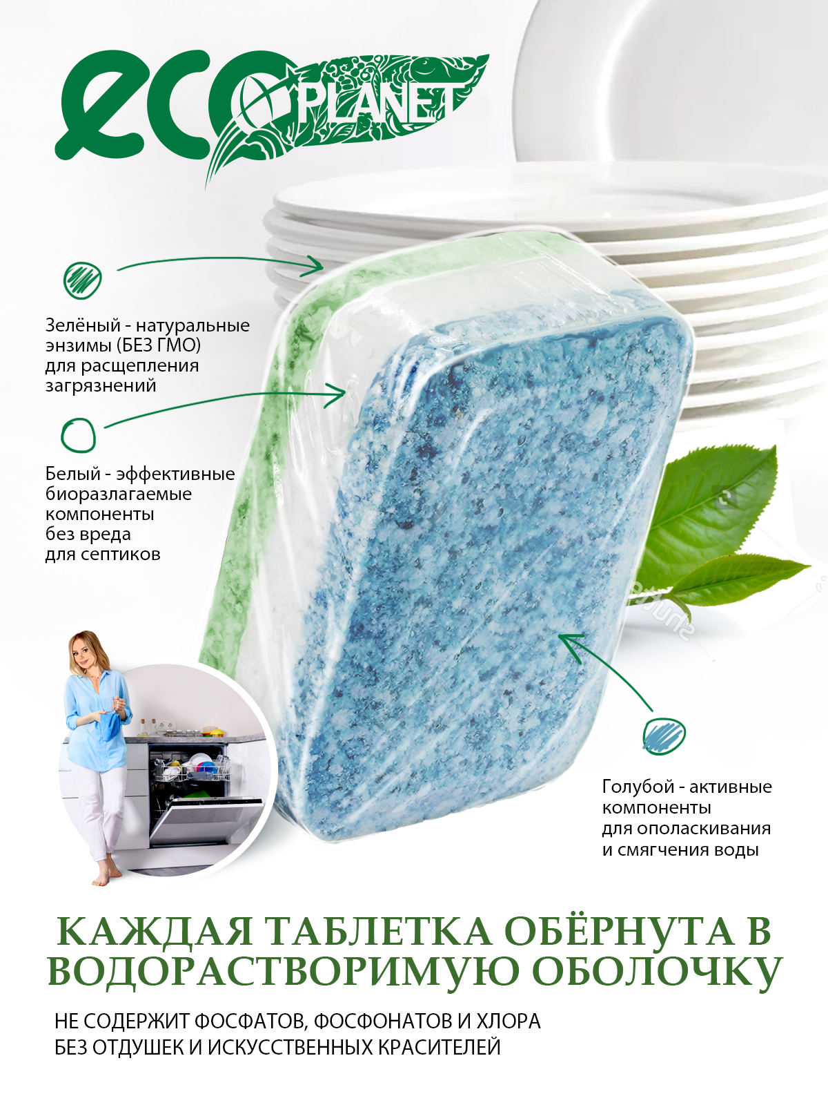 Таблетки для посудомоечной машины EcoPlanet биоразлагаемые таблетки для мытья посуды 30 шт