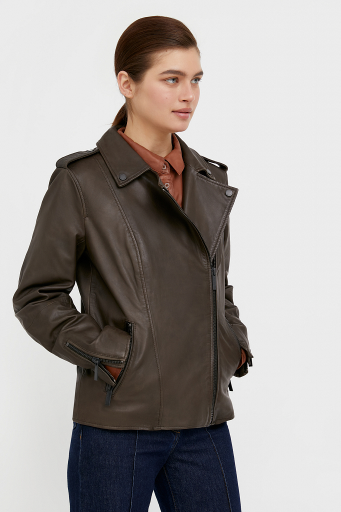 Кожаная куртка женская Finn Flare B21-11811 зеленая XS