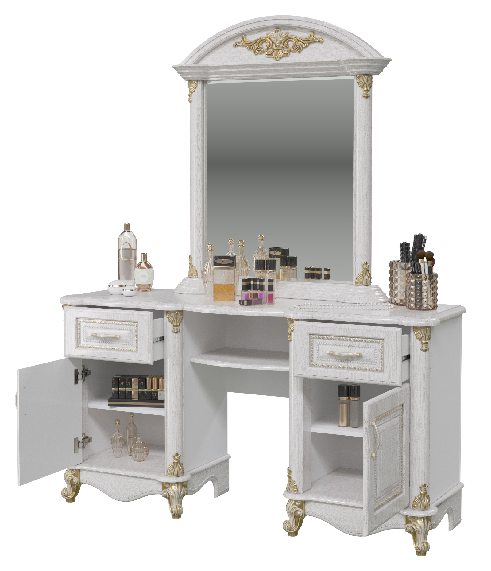 Стол туалетный с зеркалом Мэри-Мебель Да Винчи патина белый СД-04+СД-06, 155х45х189 см.