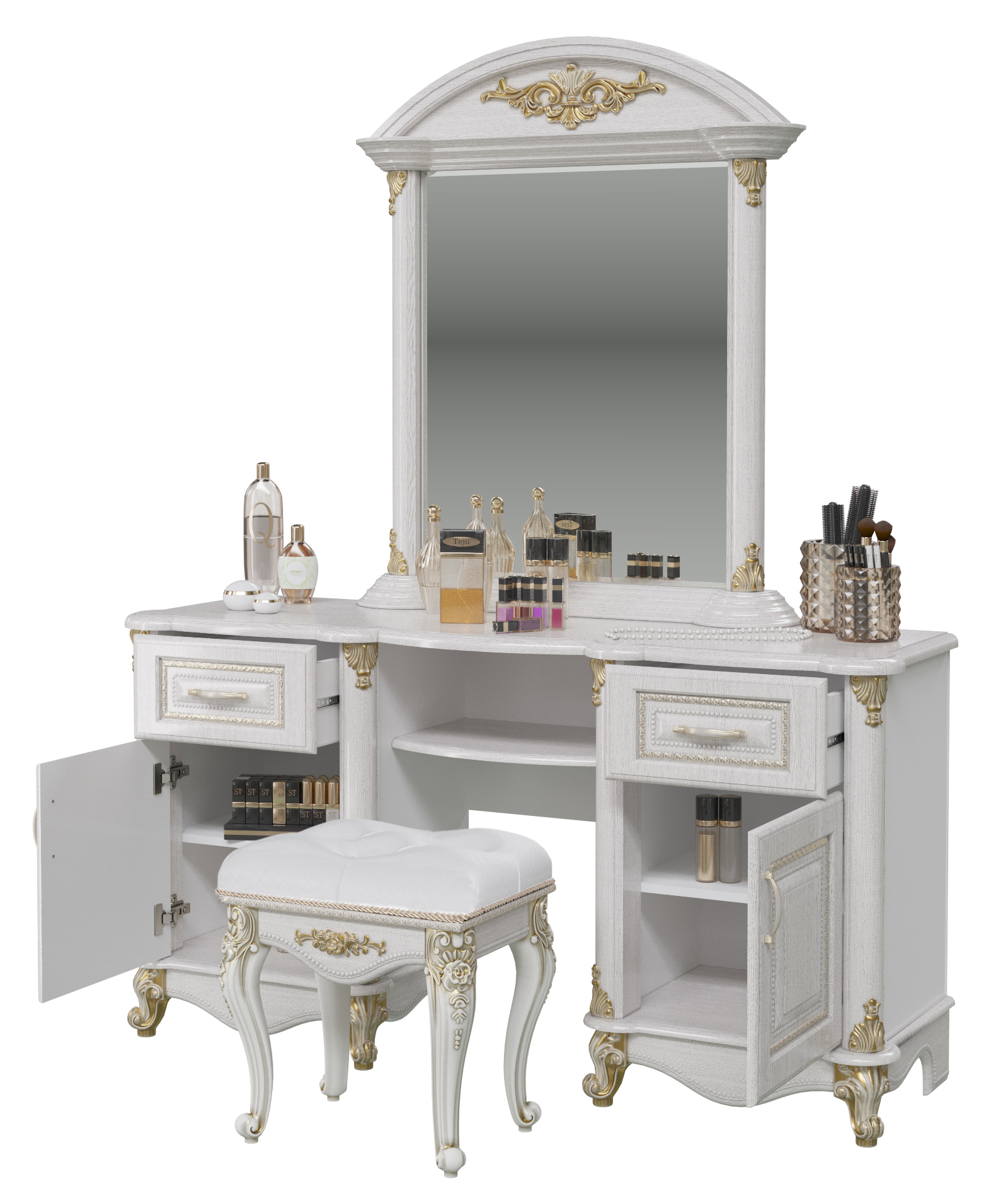 Стол туалетный Мэри-Мебель Да Винчи патина белый, 155х45х189 см/47х36х51 см