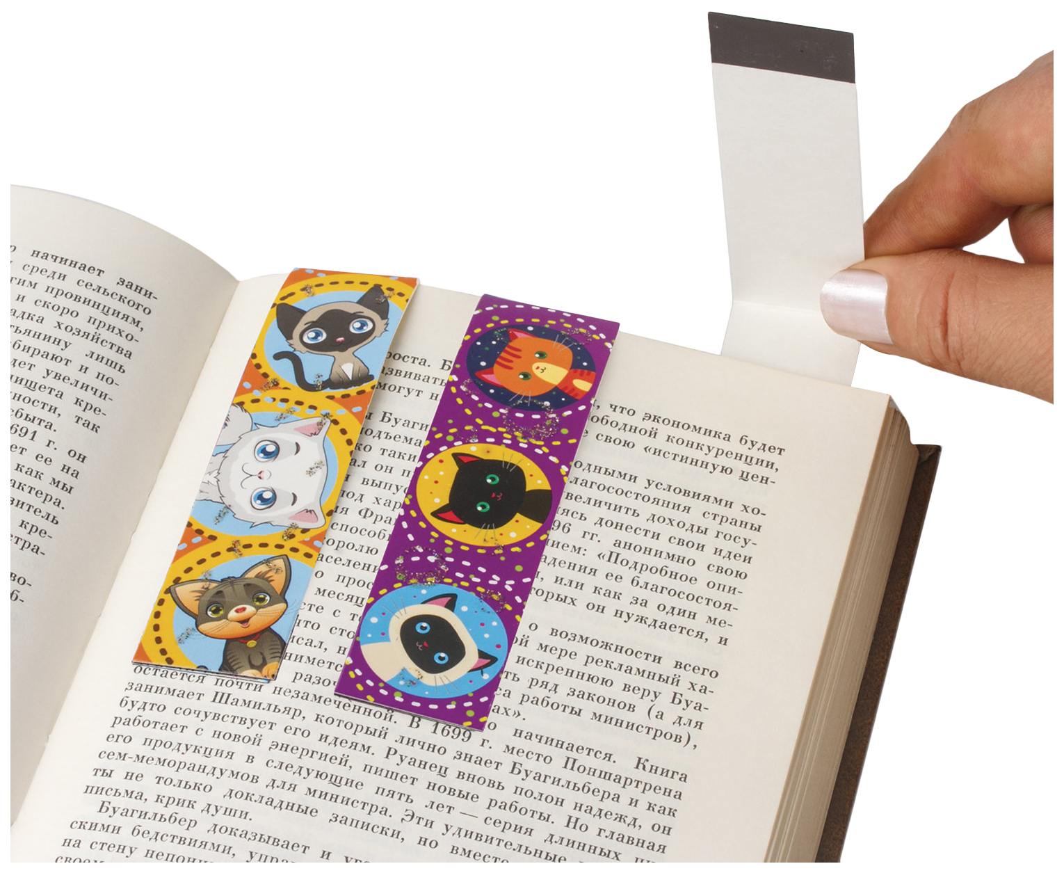 Закладки для книг с магнитом КОШЕЧКИ, набор 6 шт блестки, 25x196 мм, ЮНЛАНДИЯ, 129615