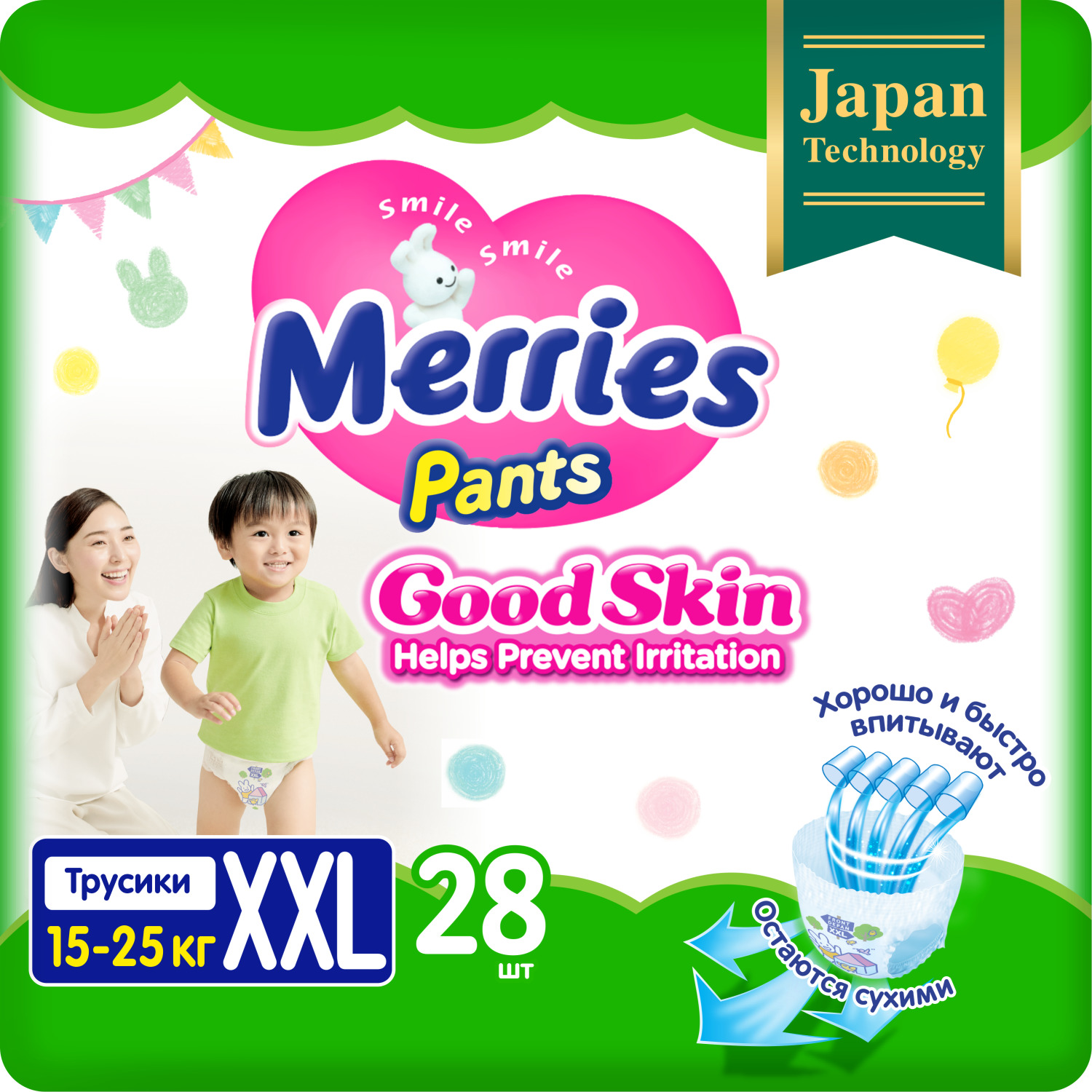 Купить подгузники-трусики Merries Good Skin XXL, 15-25 кг, 28 шт., цены на Мегамаркет | Артикул: 100044825180