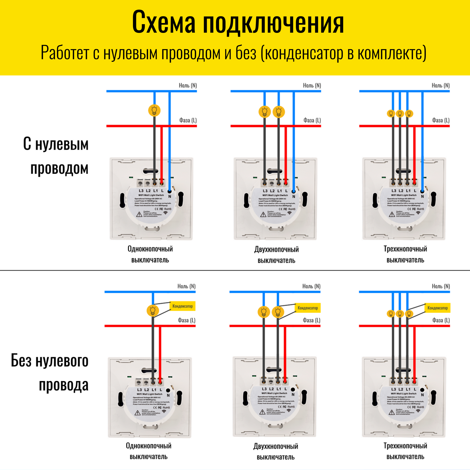 Умный сенсорный WiFi выключатель Smart Aura с нулём/без нуля, работает с Алисой 