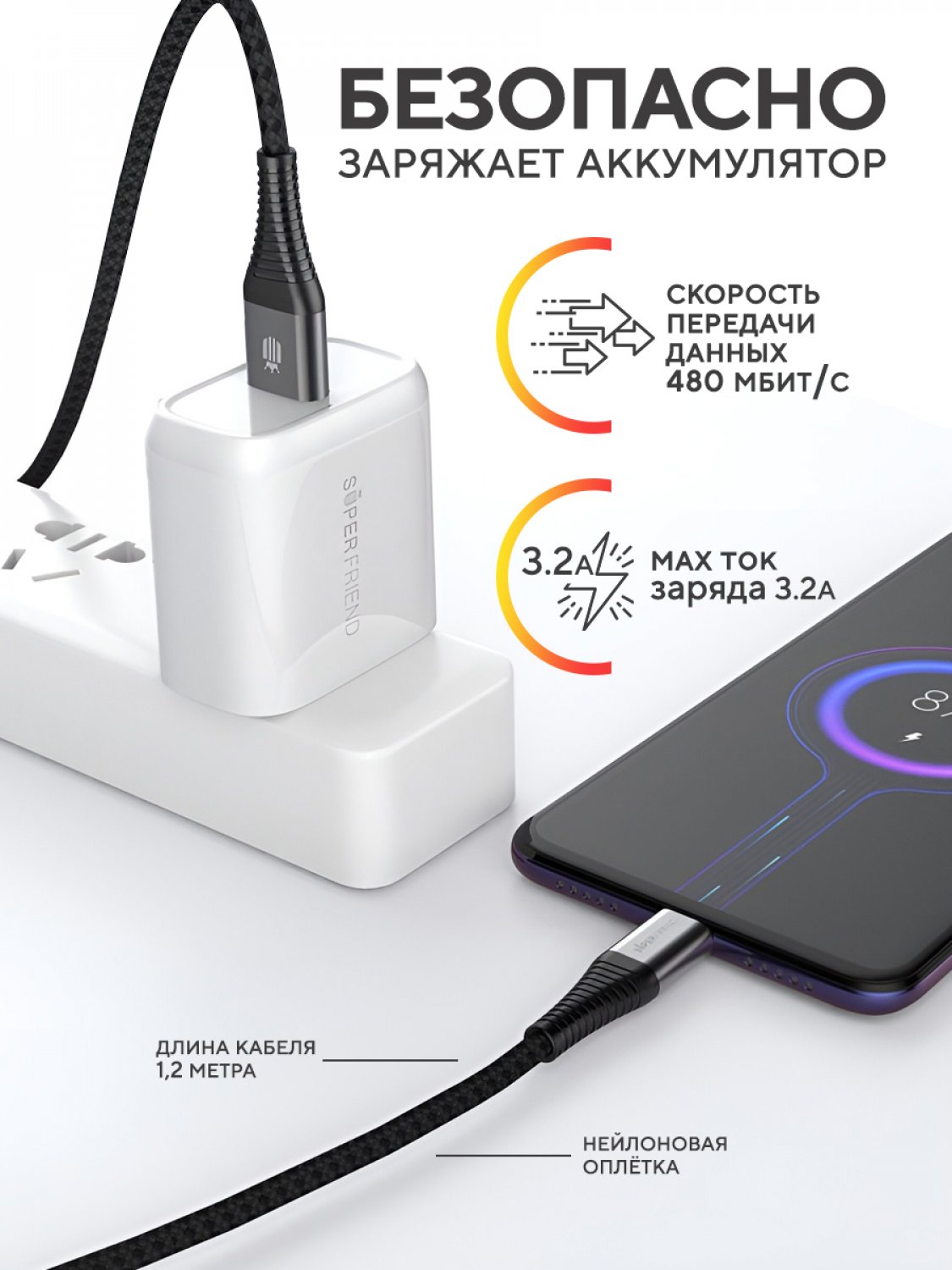 Кабель USB Type C SuperFriend Bulletproof черный QC 1.2 метра 3.2A, быстрая зарядка  ТайпСИ, купить в Москве, цены в интернет-магазинах на Мегамаркет