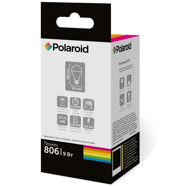 Светодиодная лампа Polaroid 220V A60 9W 3000K E27 806lm