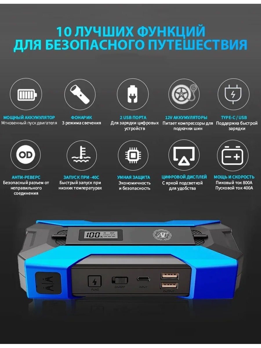 Портативное пуско-зарядное устройство с аккумулятором 12000 mAh AT AT38688  - купить в Москве, цены на Мегамаркет | 600006889507