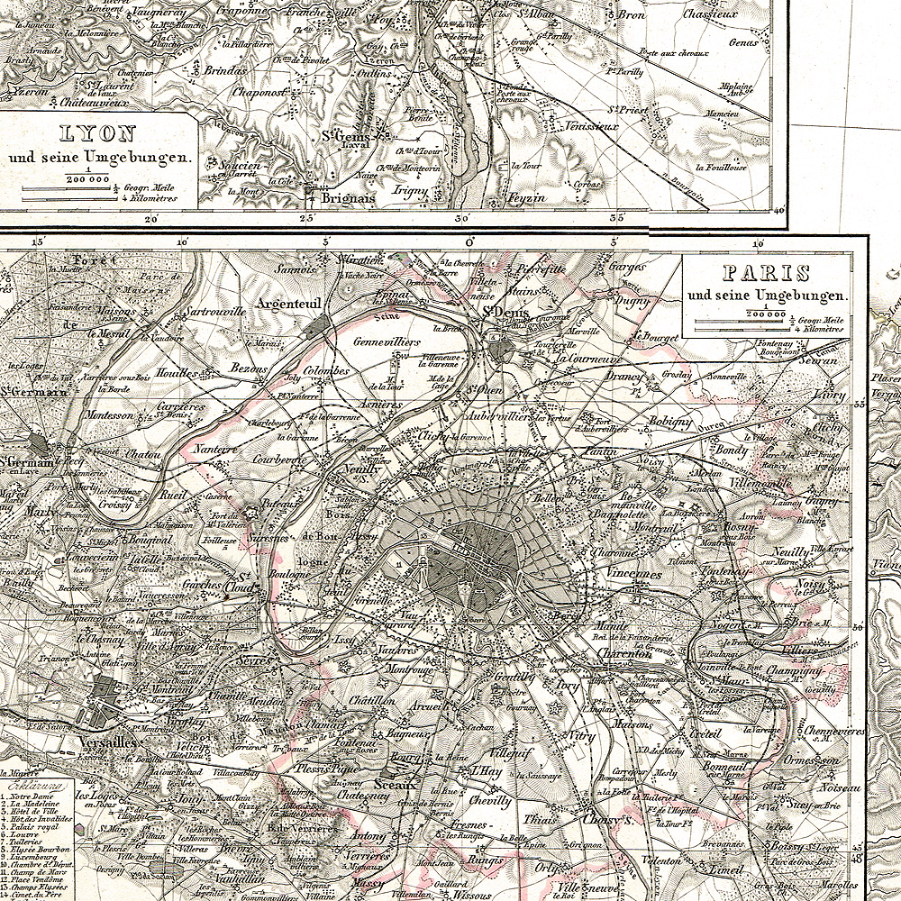 Юго-Западная Франция c планами Парижа и Лиона. Гравированная антикварная карта