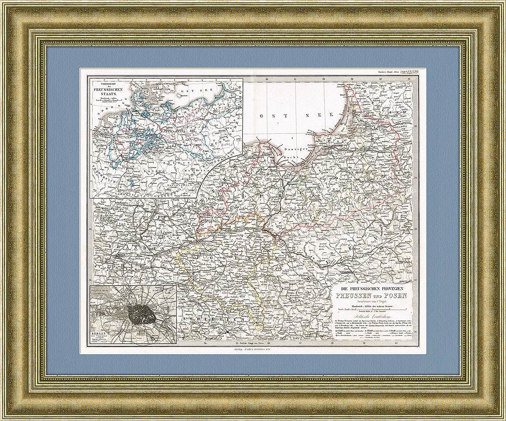 Пруссия и Познань с планом Берлина антикварная гравированная карта 1871 г.