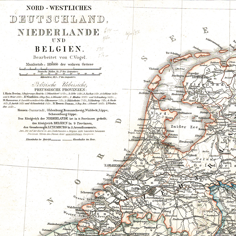 Германия Нидерланды и Бельгия. Старинная карта 1870 года