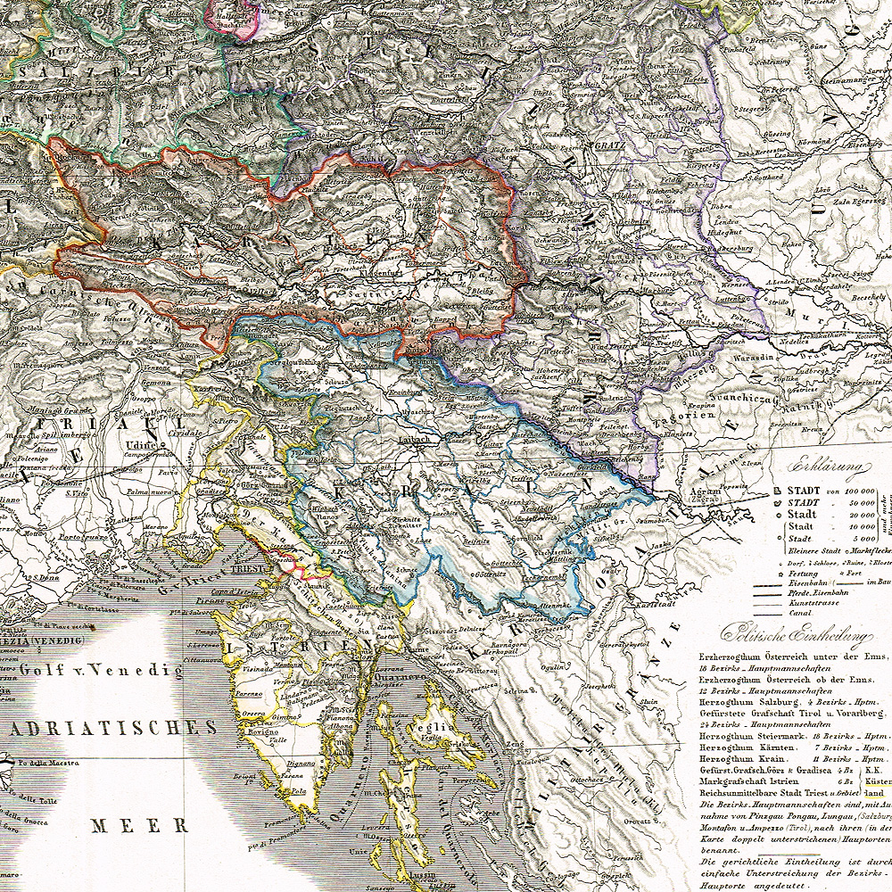 Юго-восточная Германия и Италия антикварная гравированная карта 40х50 см