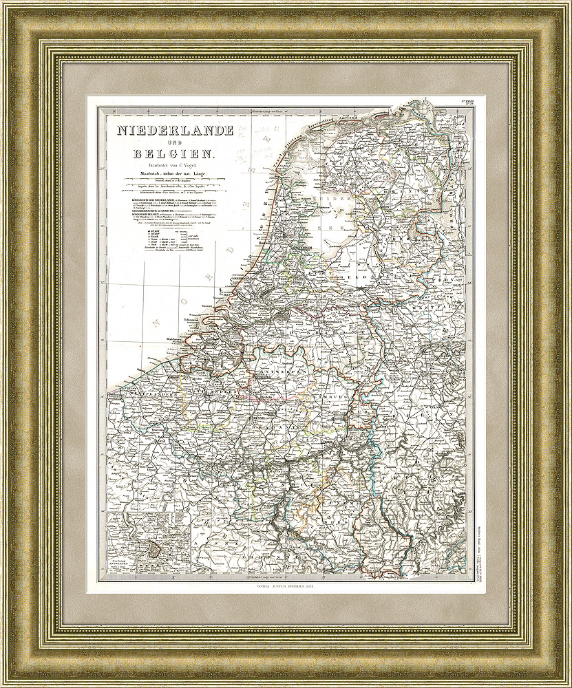 Нидерланды и Бельгия антикварная карта с планом Антверпена 1871 год 40х50 см