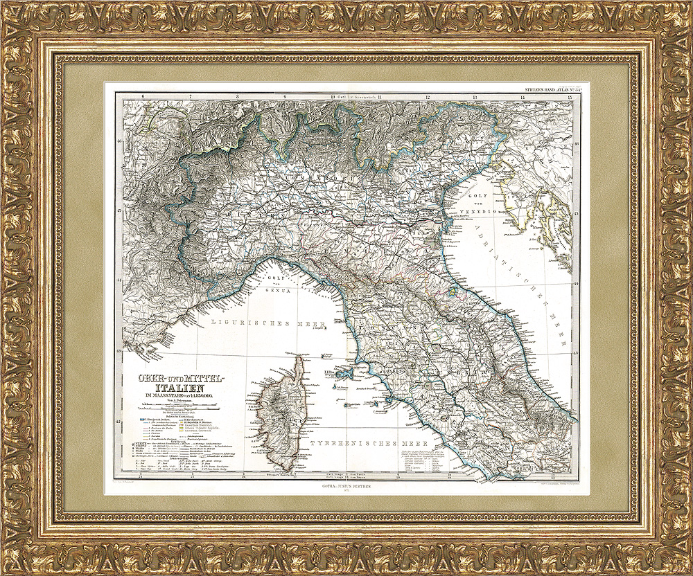 Северная Италия и остров Корсика. Антикварная детализированная гравированная карта