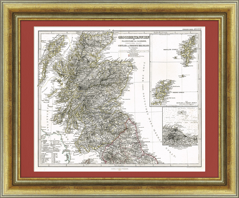 Великобритания: север Англии и Шотландия старинная гравированная карта