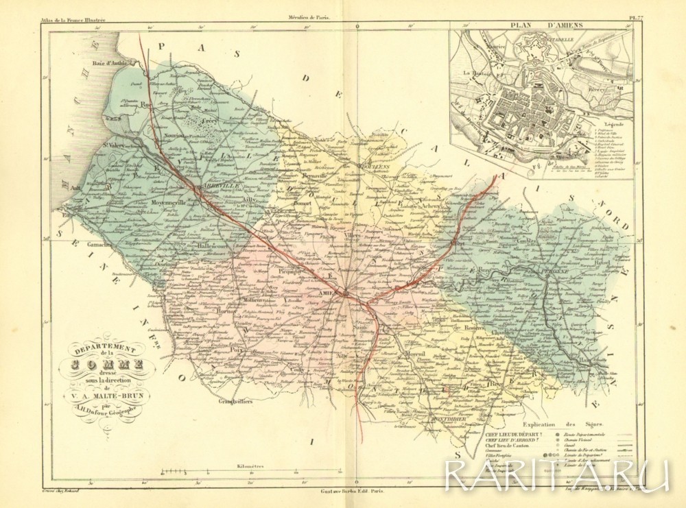 Франция департамент Somme и план Амьена старинная карта от 1881 года