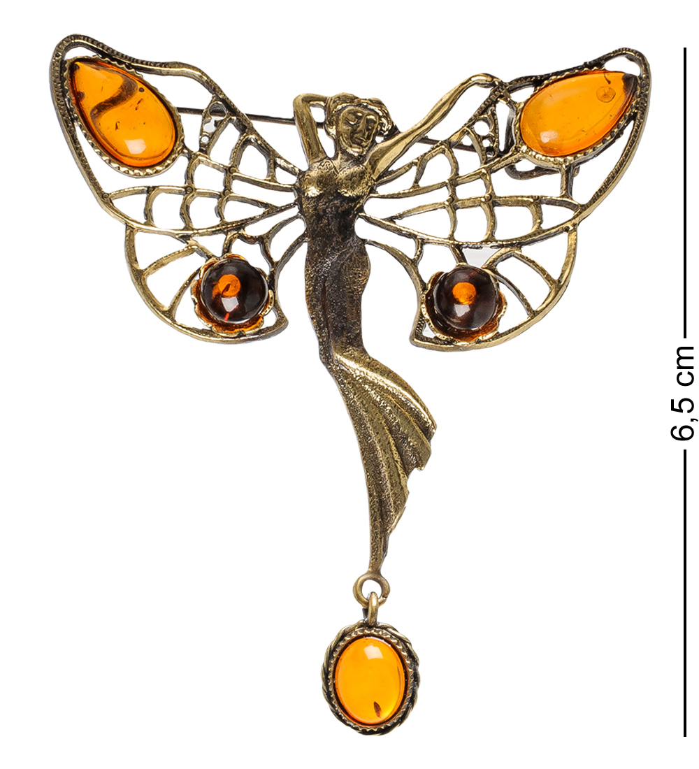 Брошь женская Art East AM-1654 "Бабочка Танцующая фея" янтарь