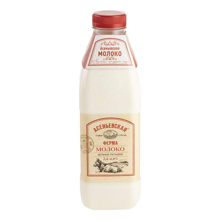 Молоко цельное Асеньевская ферма 3,4-6%, 900 мл